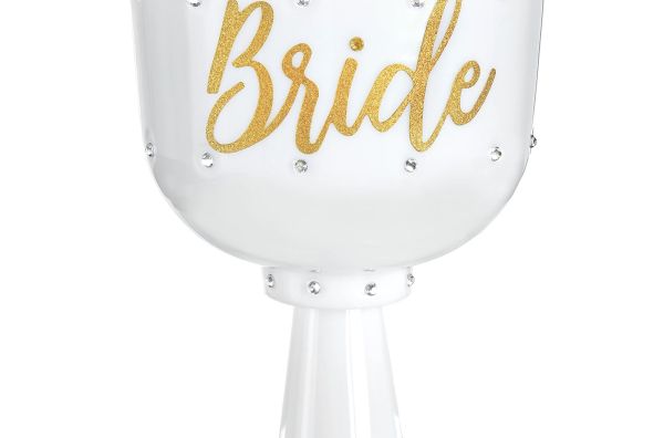 A white plastic cup with the word 'bride' on it in gold
