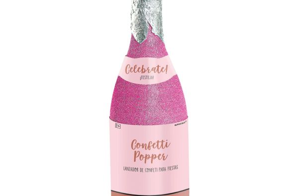 A confetti popper shaped like a pink champagne bottle