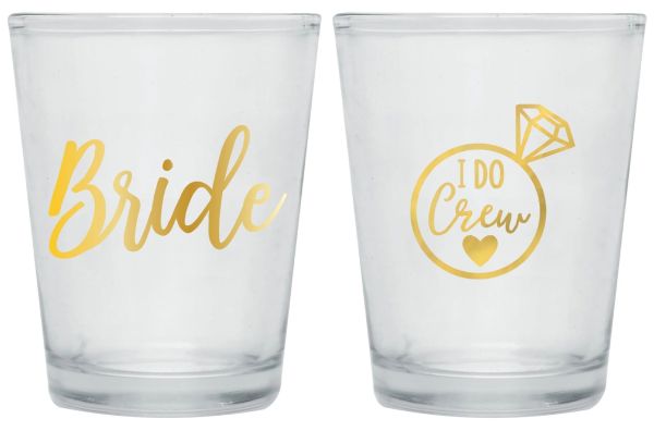bride and i do crew shot glasses